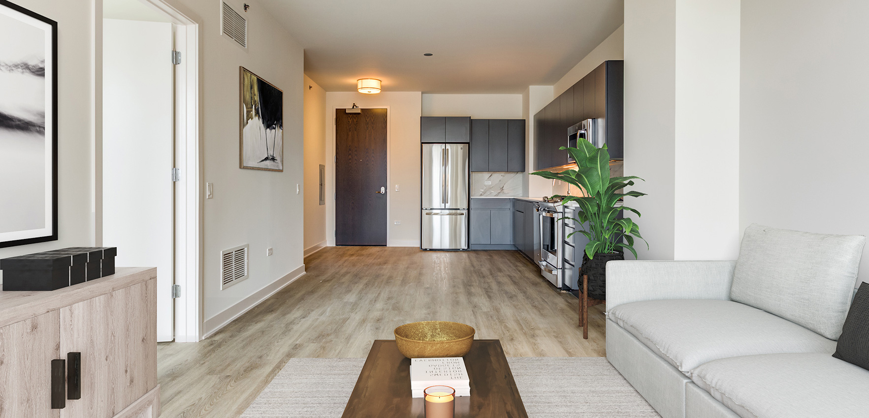 Spacious and inviting, our open-layout one-bedroom apartments effortlessly combine modern living and cozy comfort.