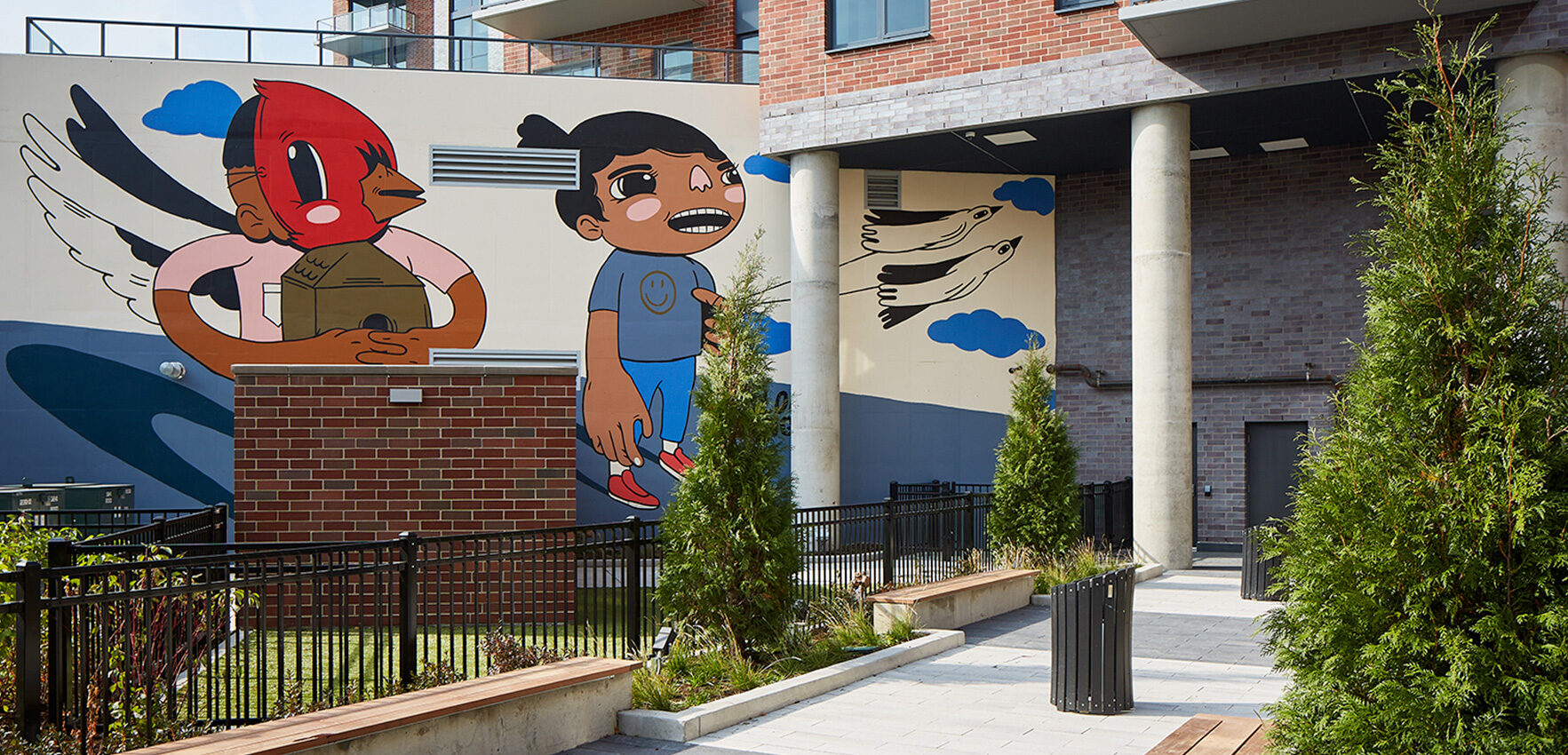 Let your furry friend roam freely in our dog park, set against our vibrant art mural.